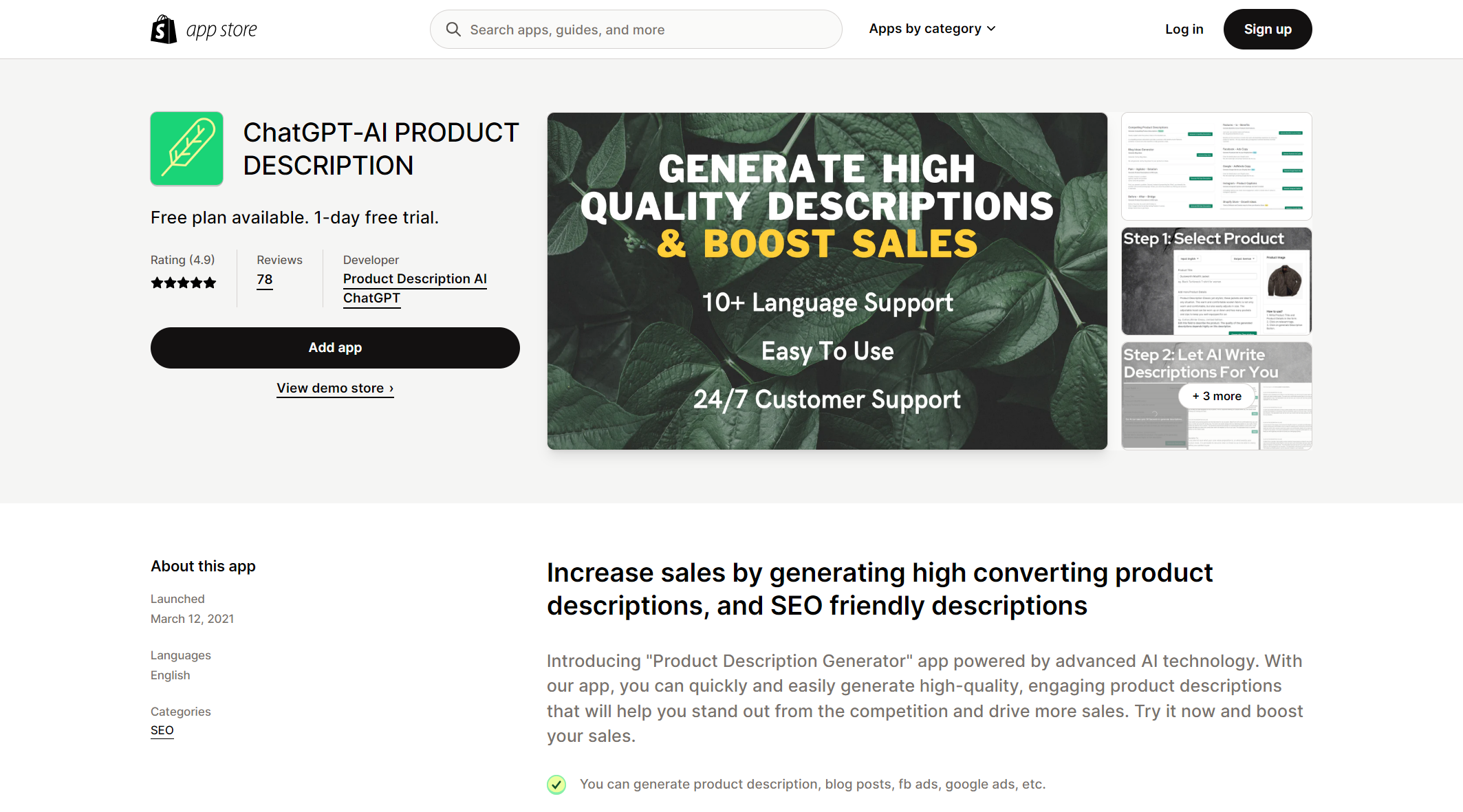 Shopify admin - Product Description Generator