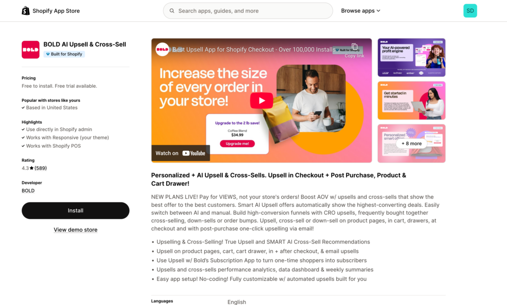 Shopify App Store page: Bold Upsell