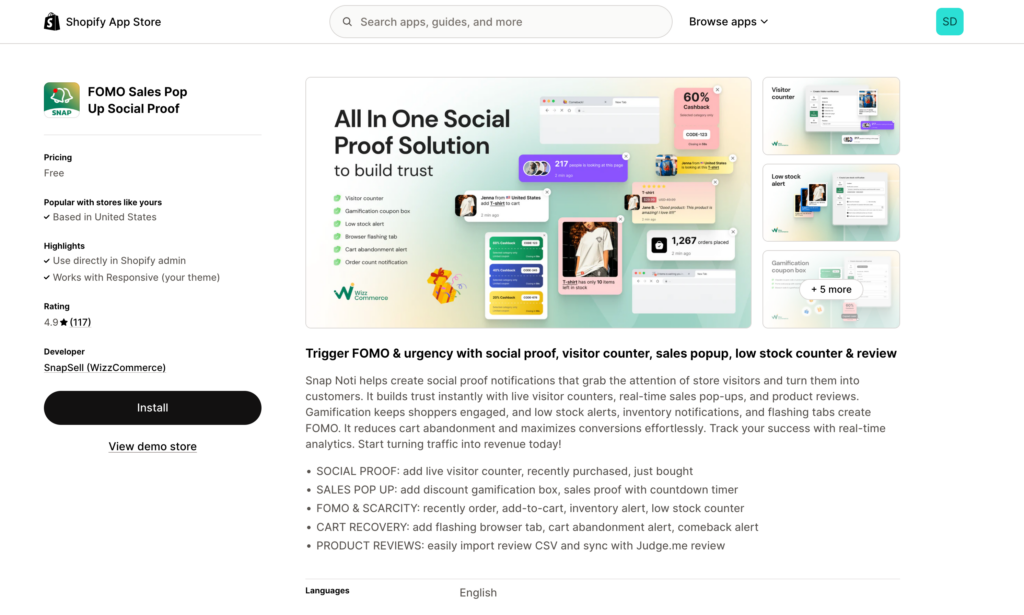 Shopify App Store page: FOMO Sales Pop