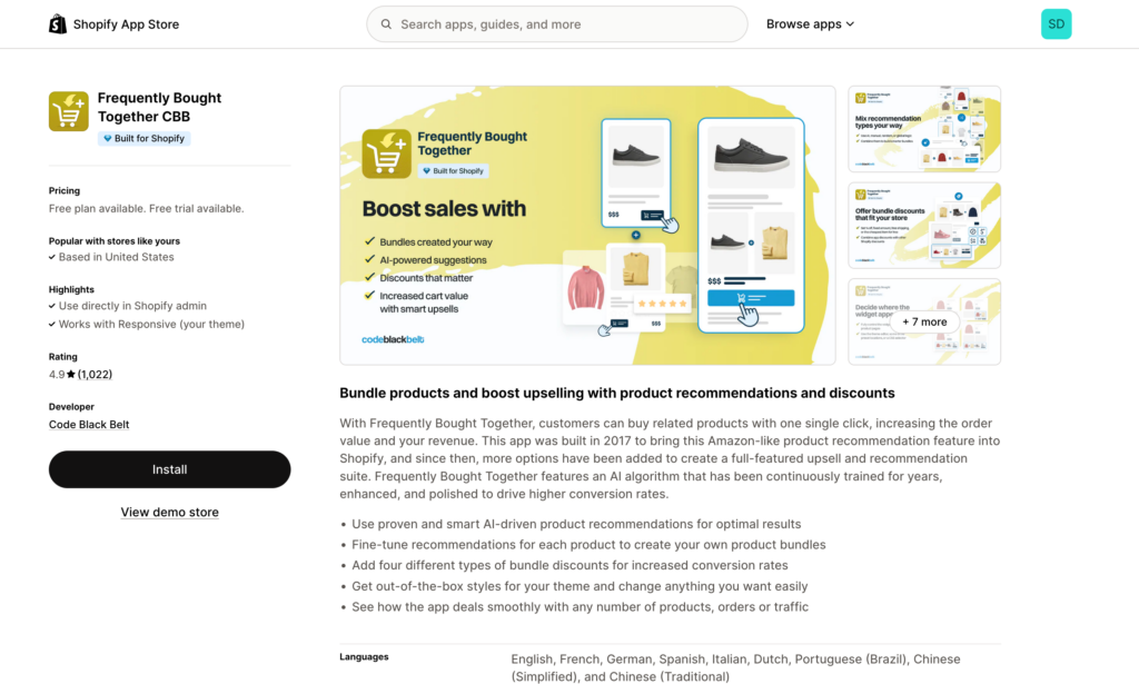Shopify App Store page: Frequently Bought Together