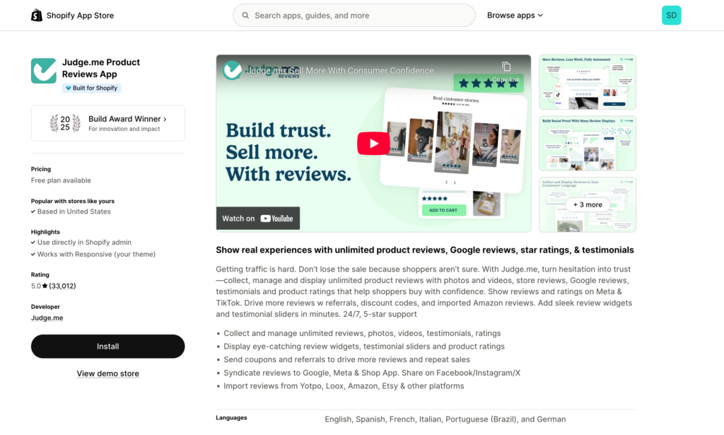 Shopify App Store page: Judge.me