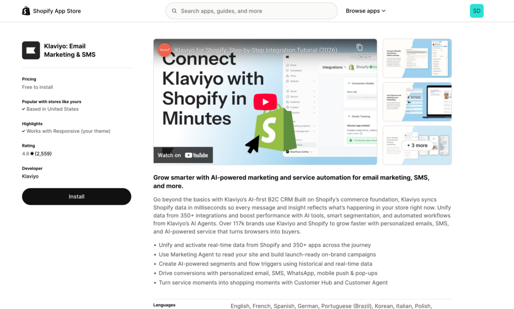 Shopify App Store page: Klaviyo