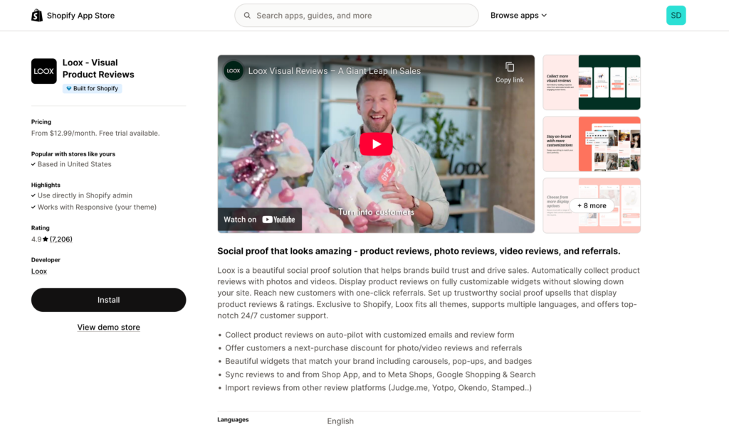 Shopify App Store page: Loox