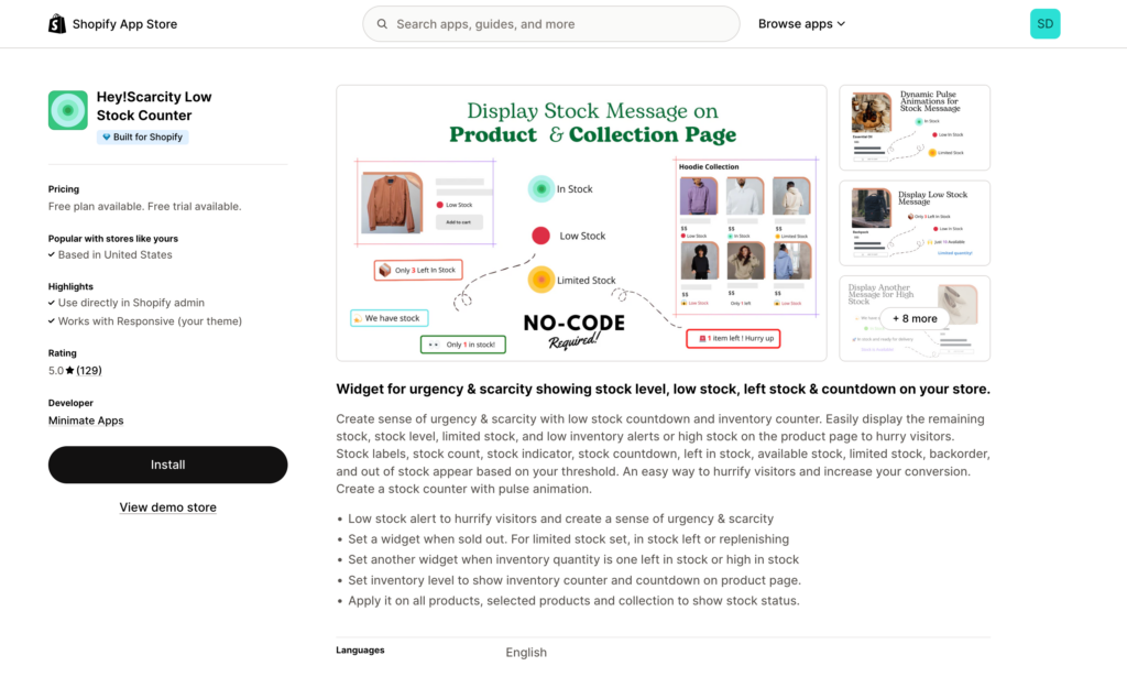 Shopify App Store page: Low Stock Counter