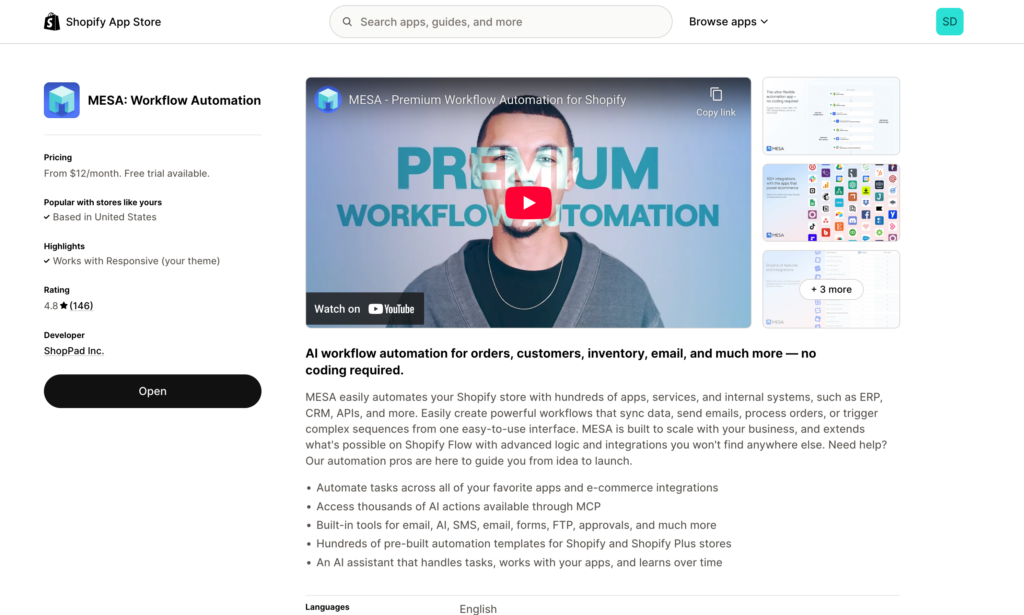 MESA Shopify App Store page