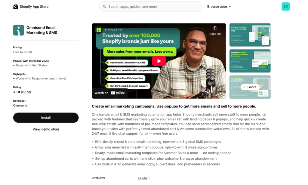 Shopify App Store page: Omnisend