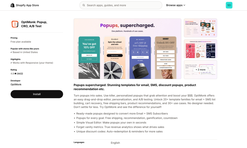 Shopify App Store page: Optimonk