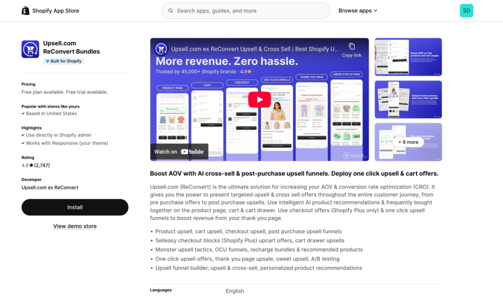 Shopify App Store page: Reconvert
