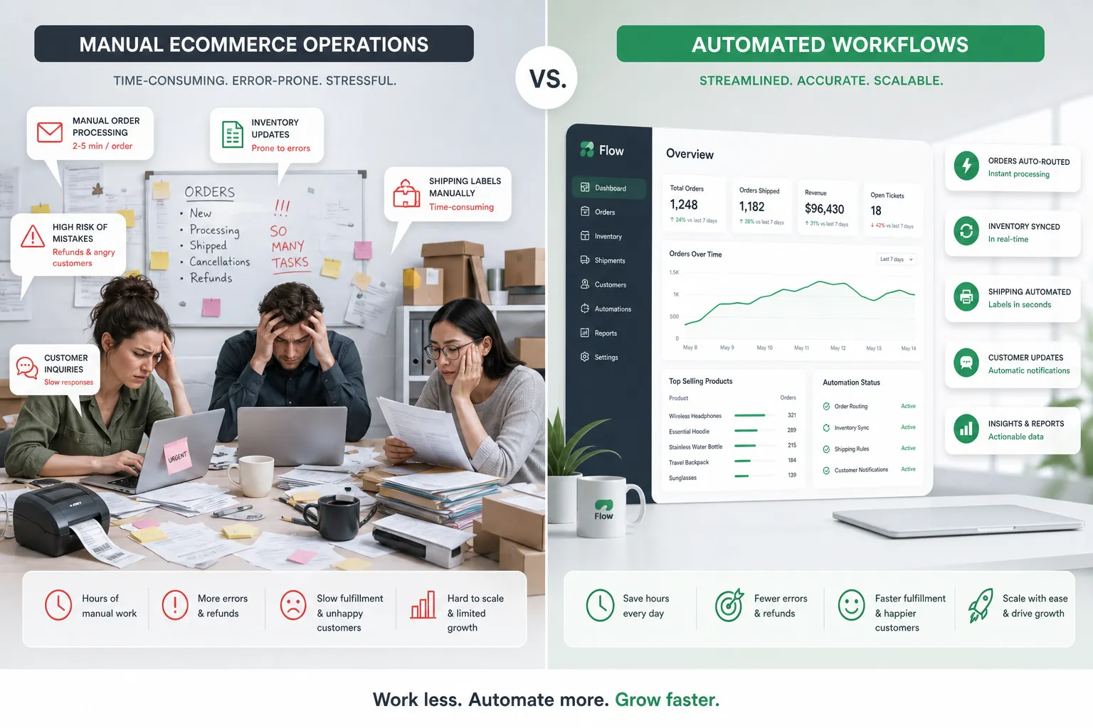 A comparison graphic showing overwhelmed manual ecommerce operations versus streamlined automated workflows