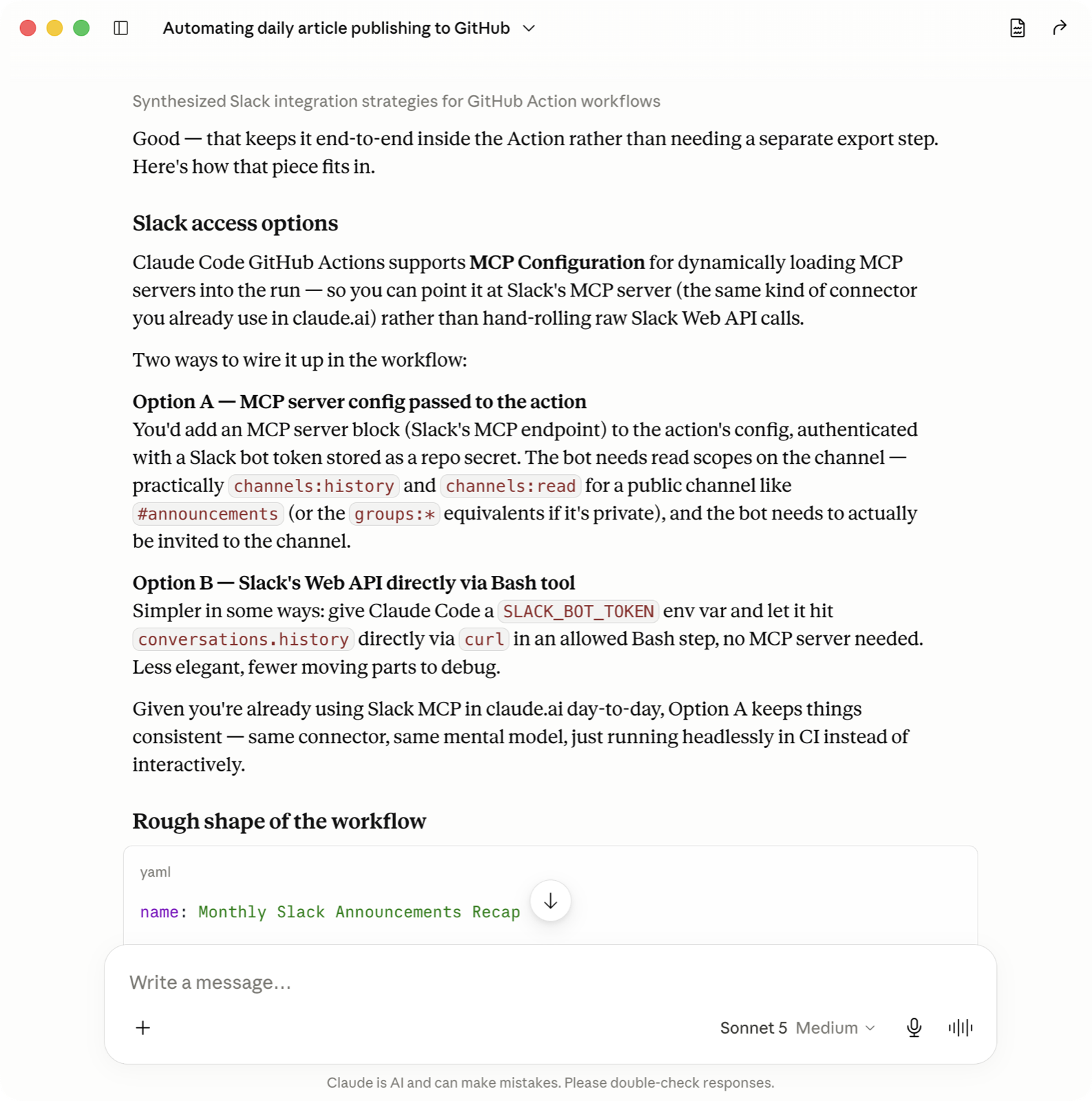 A Claude conversation titled Automating daily article publishing to GitHub, discussing Slack access options for a GitHub Actions workflow