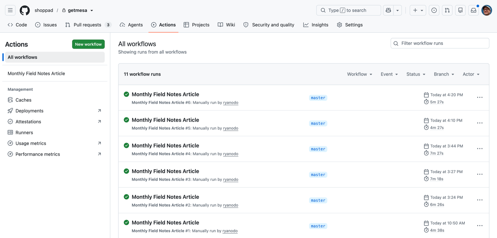 GitHub Actions run history for the Monthly Field Notes Article workflow, showing six successful manual runs in one afternoon