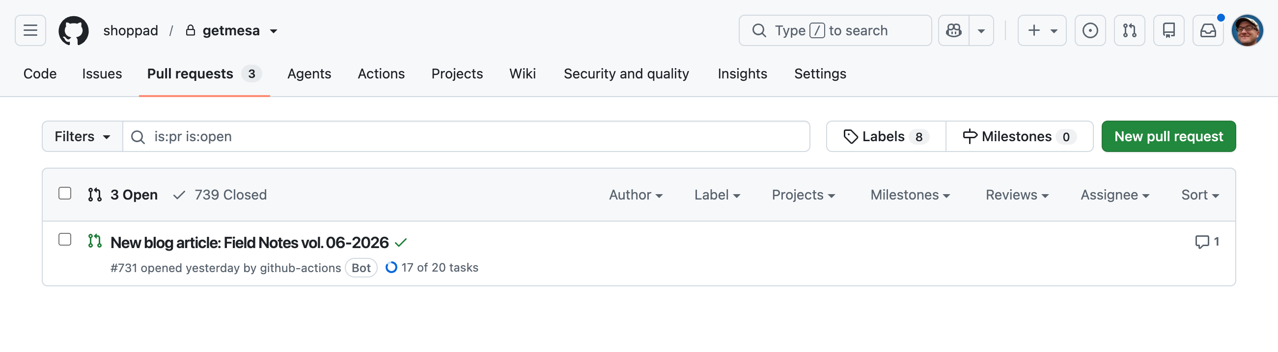 GitHub PR showing the newly generated pull request after the workflow has completed