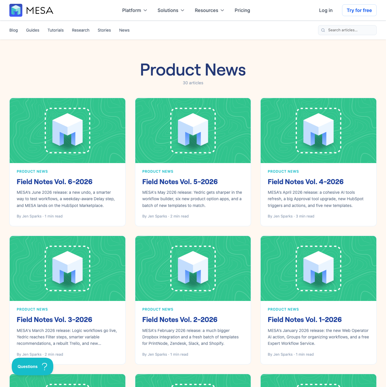 MESA's Product News blog archive showing Field Notes Vol. 1-2026 through Vol. 6-2026 all published, alongside earlier 2025 volumes