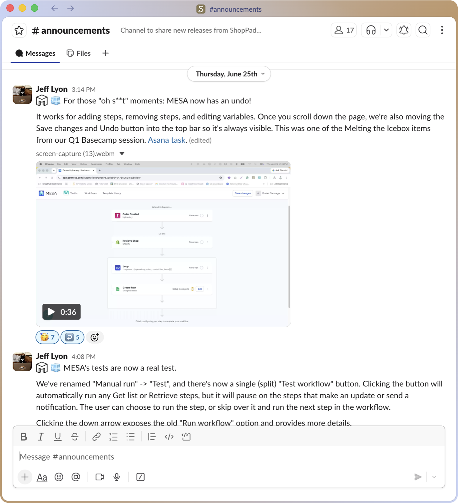 A redacted screenshot of the #announcements Slack channel, showing a teammate posting a product update with a screen recording attached