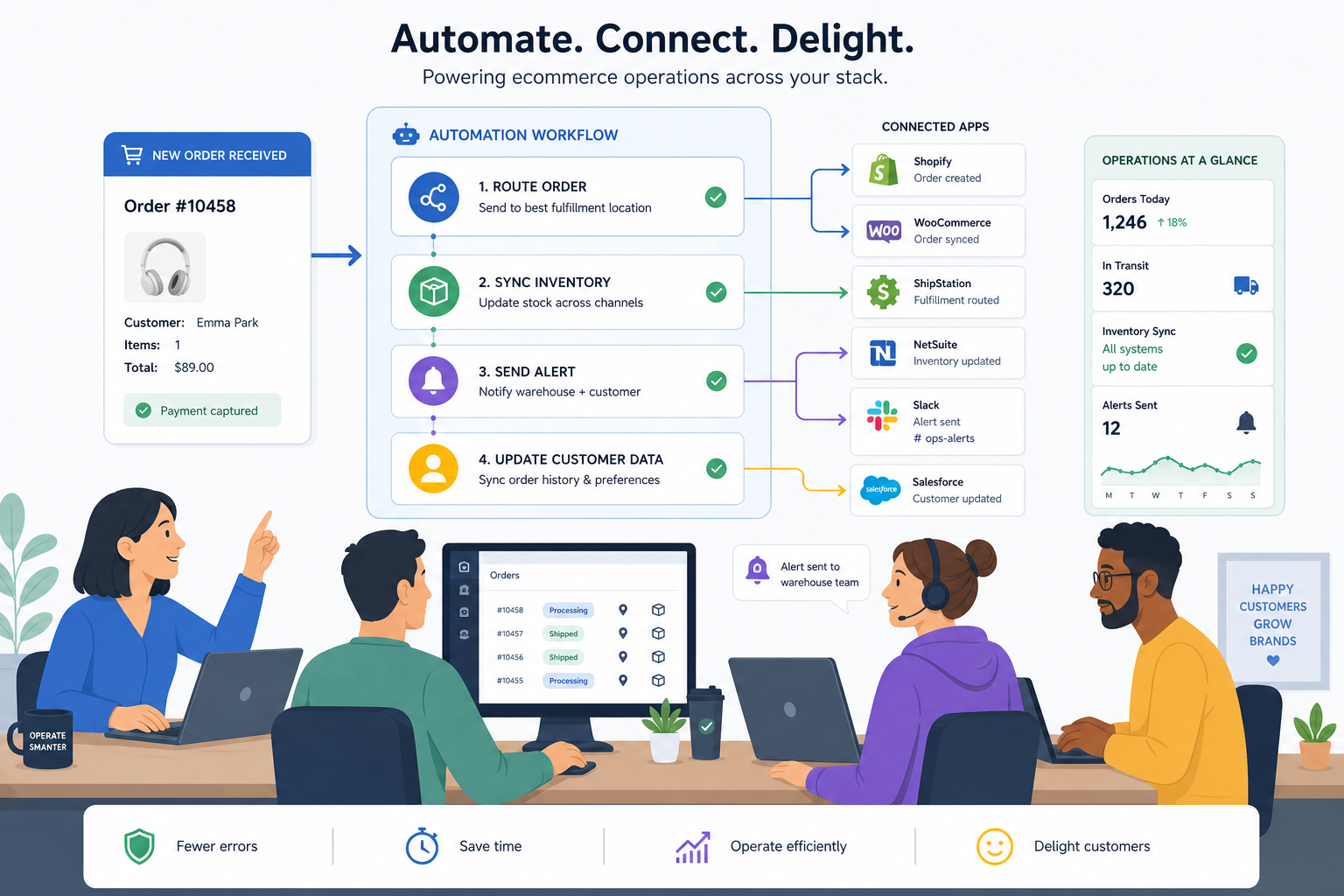 Illustration of ecommerce operations team using automation to route orders sync inventory send alerts and update customer data across apps