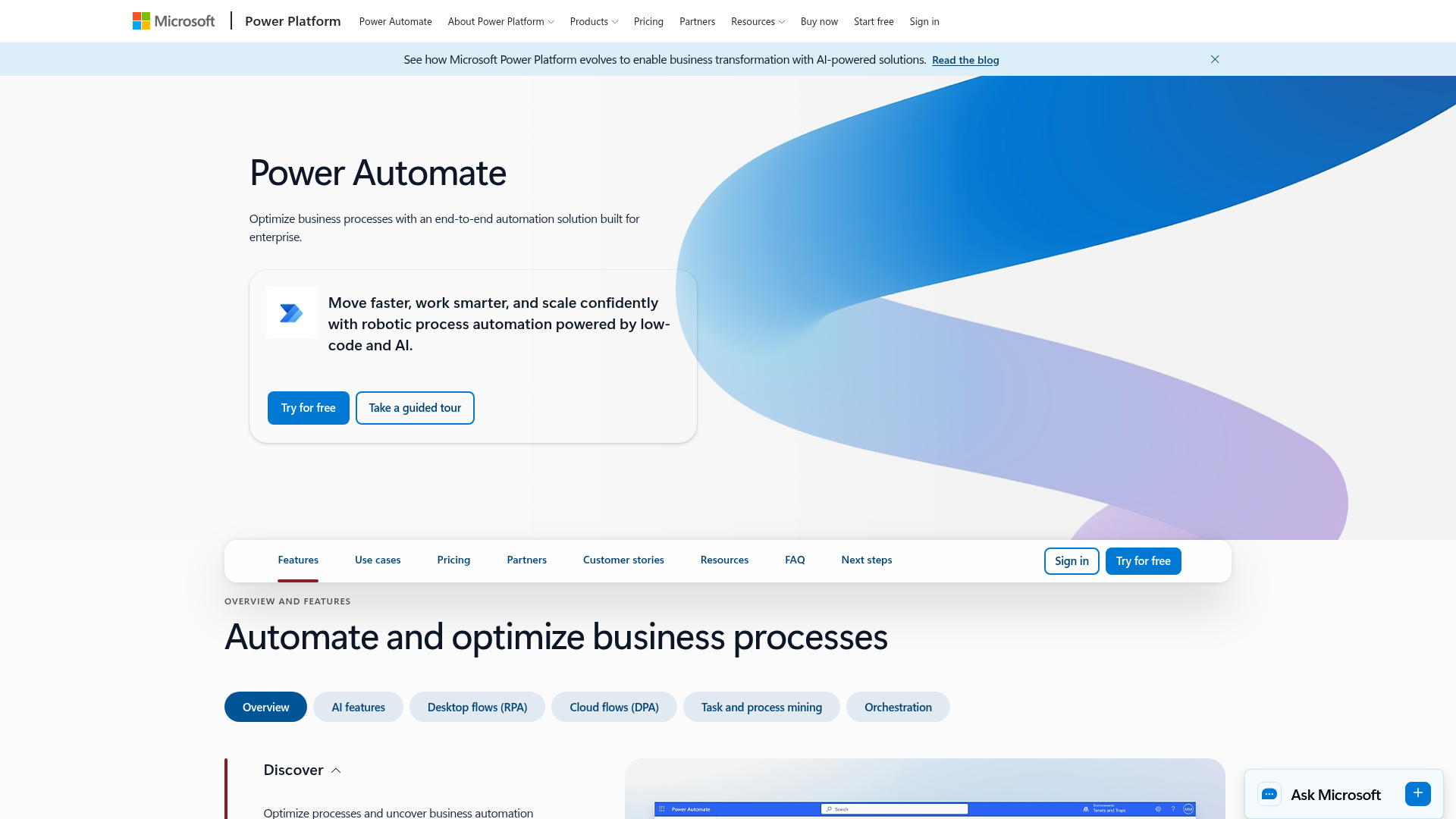 Screenshot of Microsoft Power Automate homepage