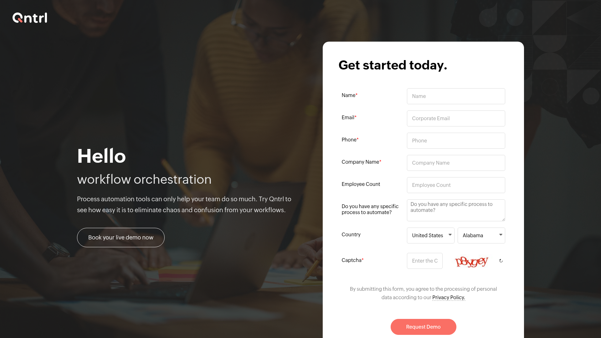 Screenshot of Qntrl workflow orchestration homepage
