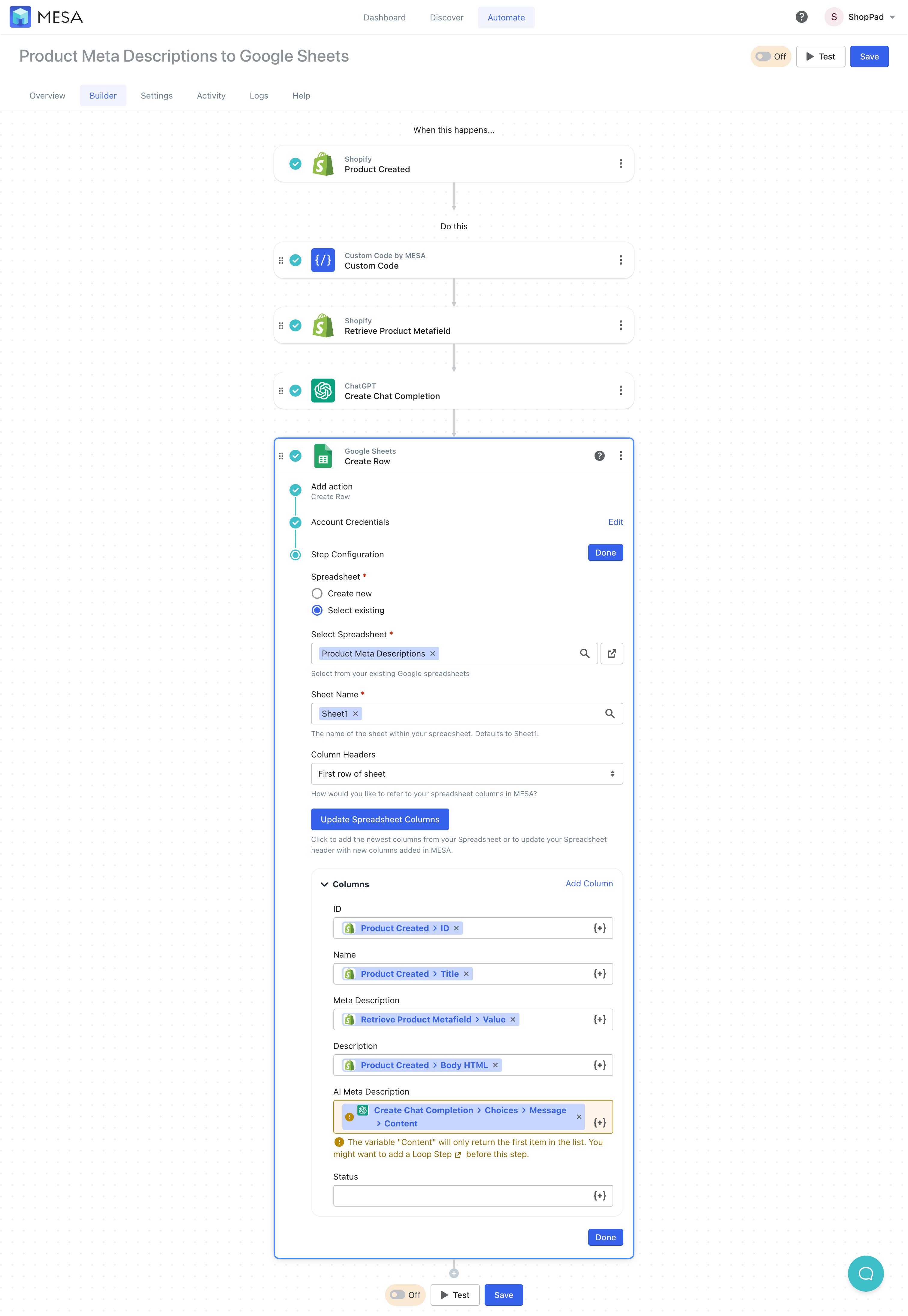 chatgpt meta descriptions google sheets