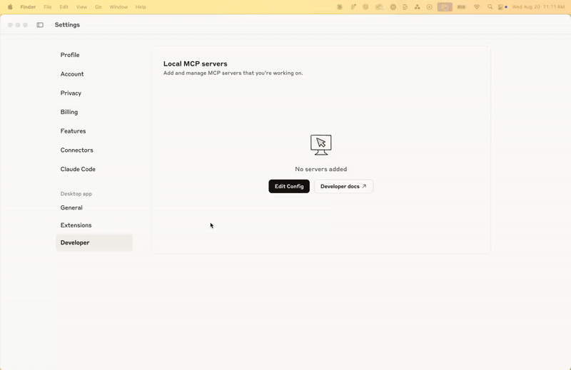 claude add mcp server to developer settings