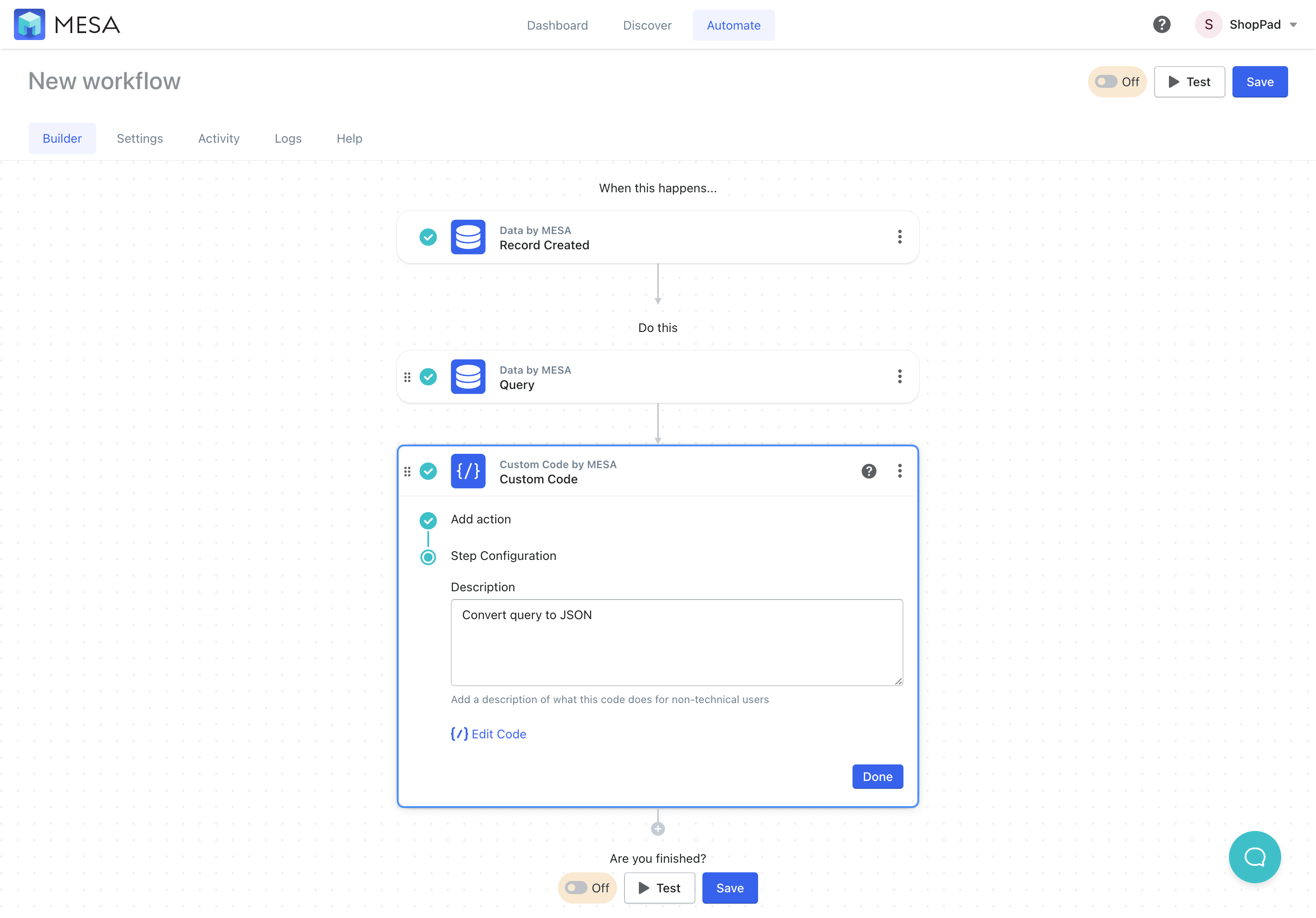 code by mesa convert query to json