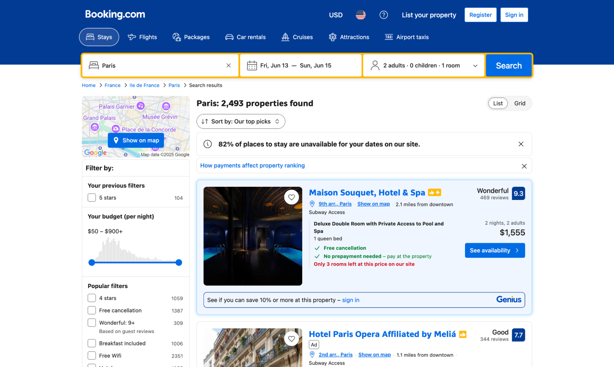 Booking.com - Hotel prices increase as availability decreases ("Only 2 rooms left at this price")