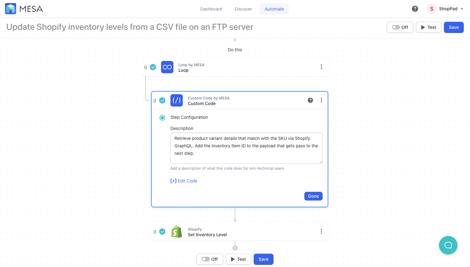 custom code step