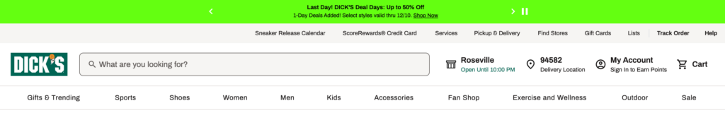 Dicks Sporting Goods header with banner