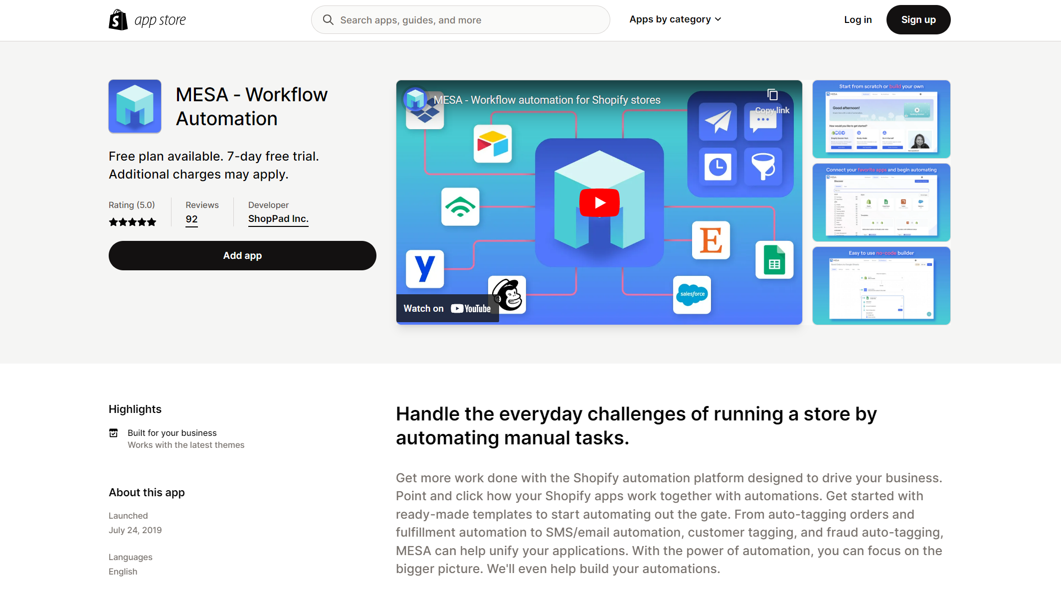 Shopify admin - MESA Shopify automation app