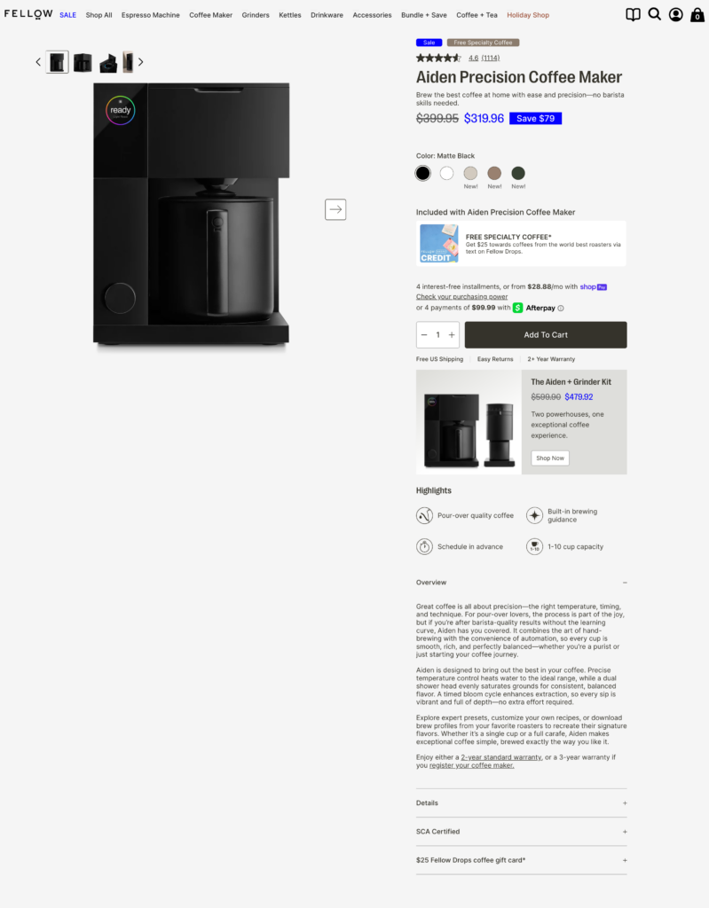 Fellow coffee maker product page