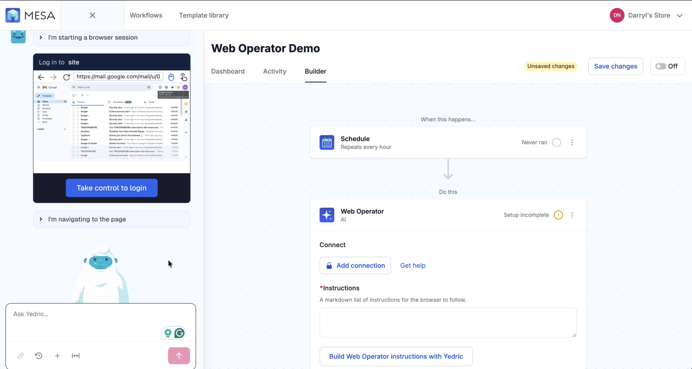 MESA Web Operator action running a live browser session alongside MESA's AI in the workflow builder