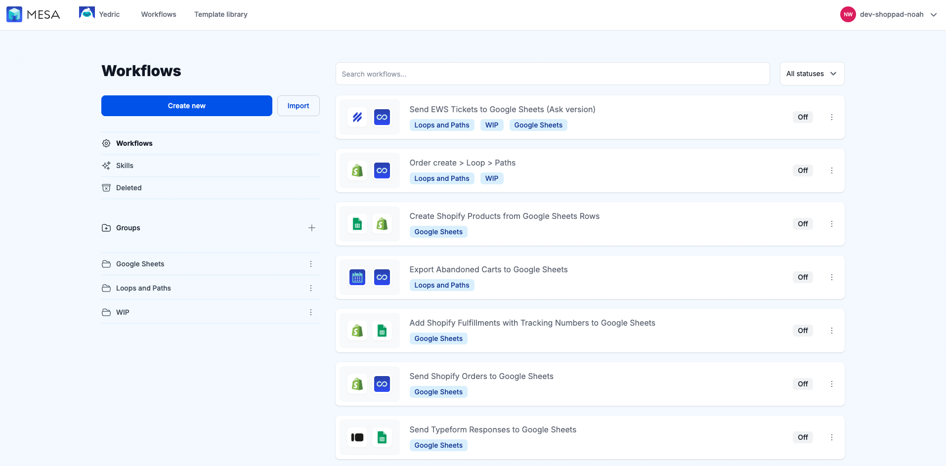 Groups in the MESA workflow list sidebar, organizing workflows into custom folders