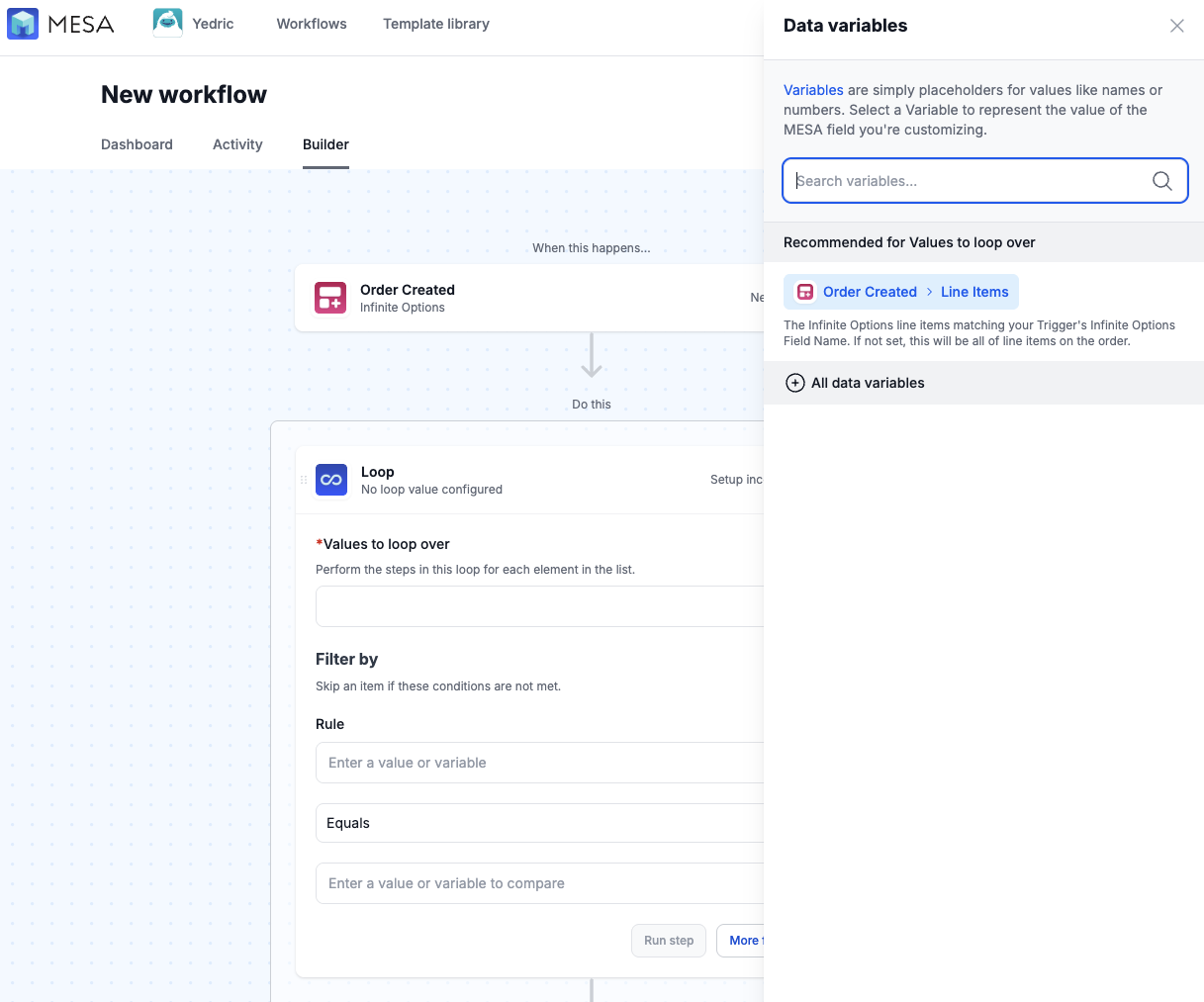 MESA's Data variables panel recommending the Infinite Options line items variable for a Loop step