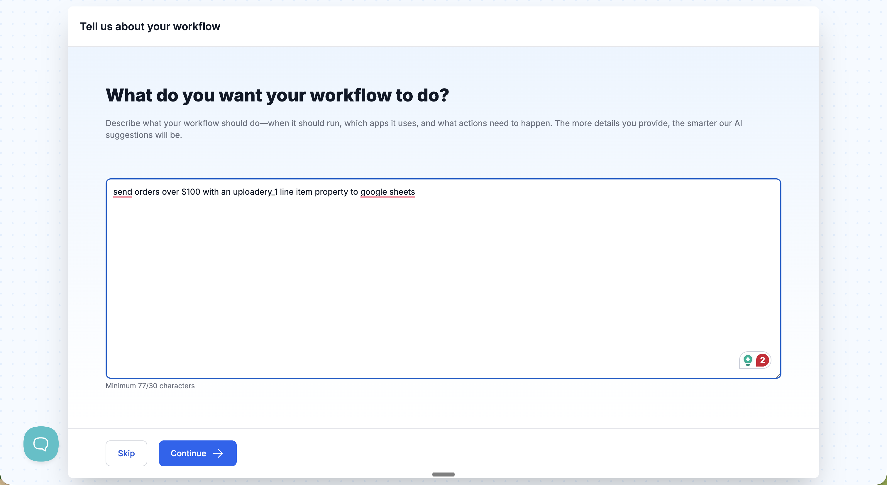 MESA's New Workflow screen asking 'What do you want your workflow to do?' with a plain-English description typed into the prompt box