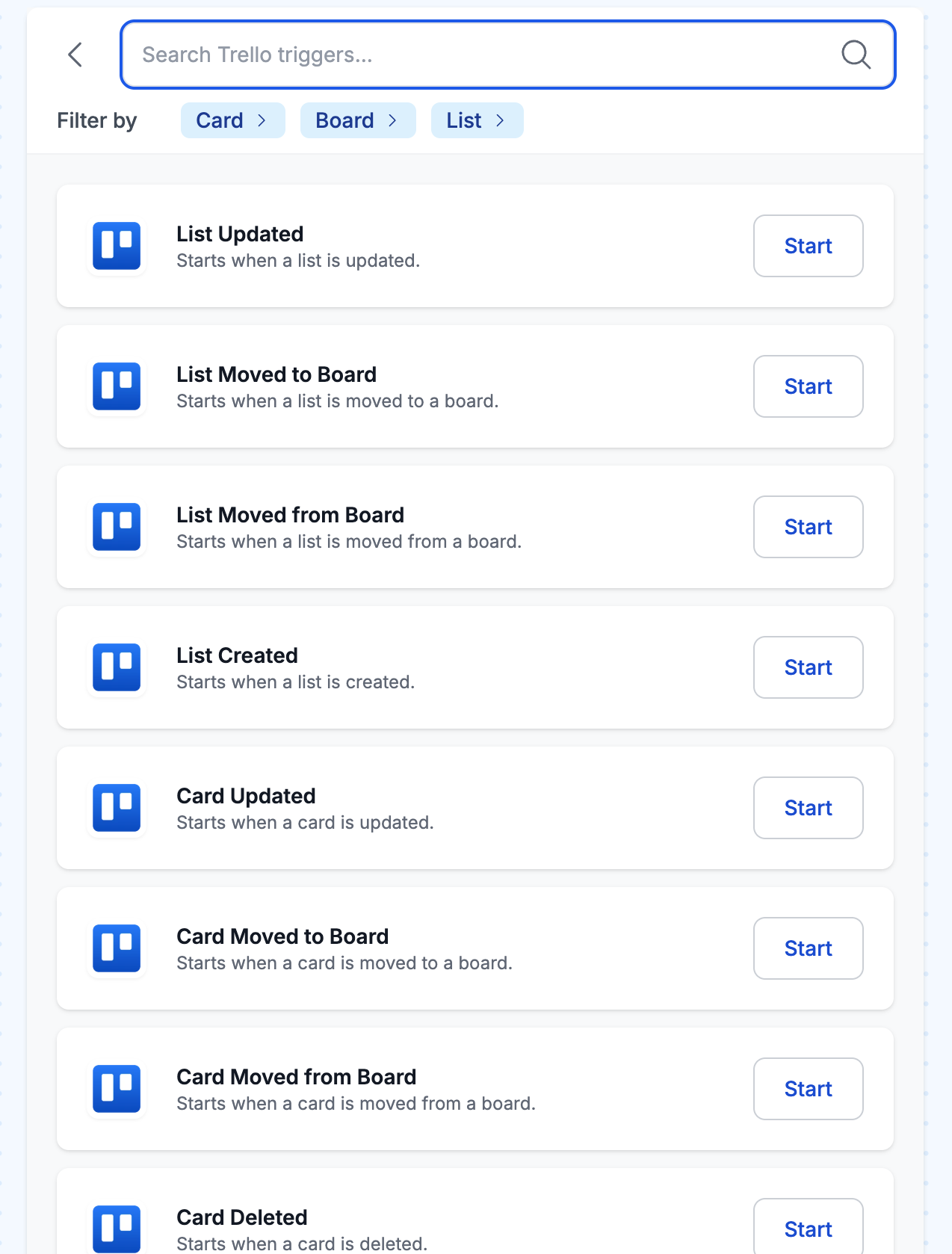 MESA's Trello trigger picker listing triggers like List Updated, Card Updated, and Card Moved to Board