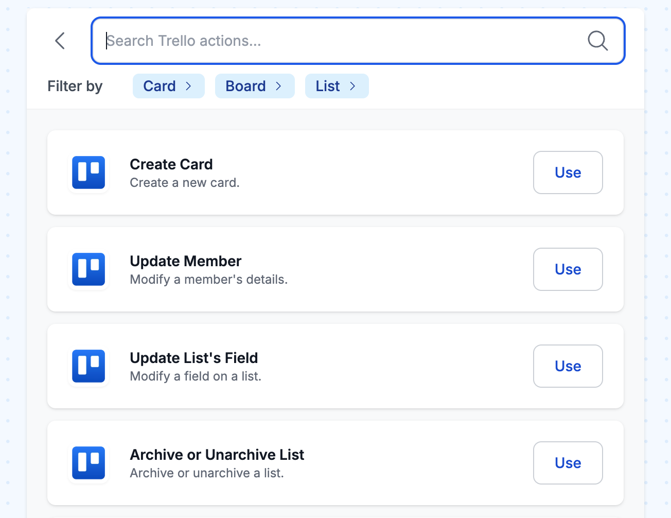 MESA's Trello action picker listing actions like Create Card, Update Member, and Archive or Unarchive List