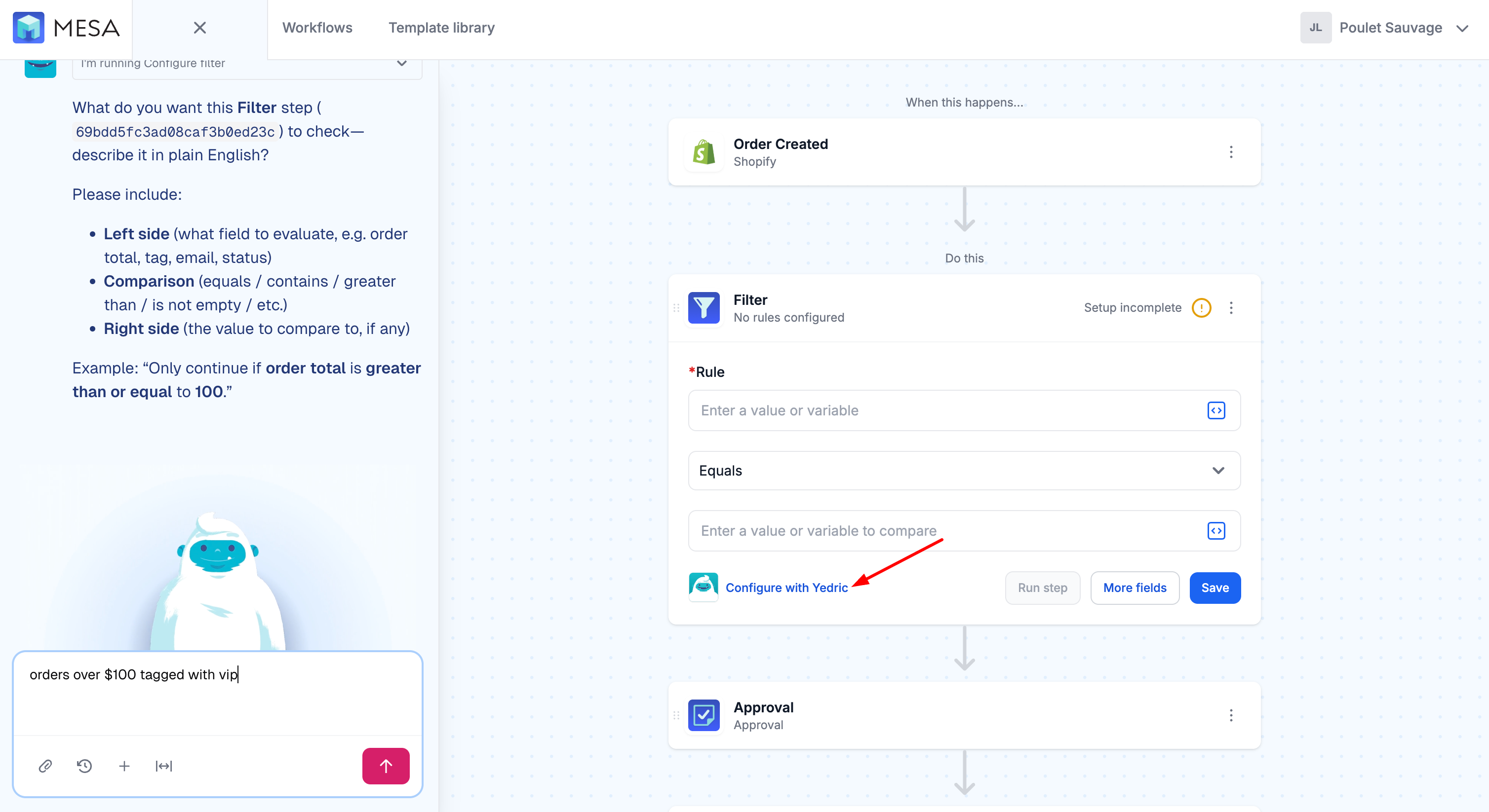 A Filter step in the MESA workflow builder with the new Configure with MESA's AI link highlighted