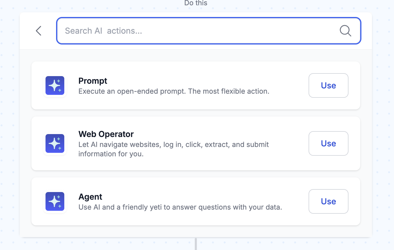 The MESA AI actions menu showing Prompt, Web Operator, and Agent options