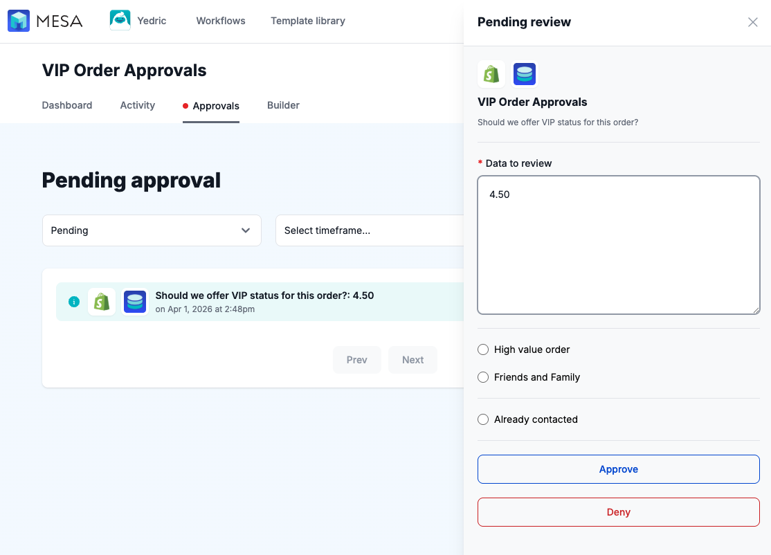 The MESA in-app Approvals tab showing a pending review in a side panel with Approve and Deny buttons