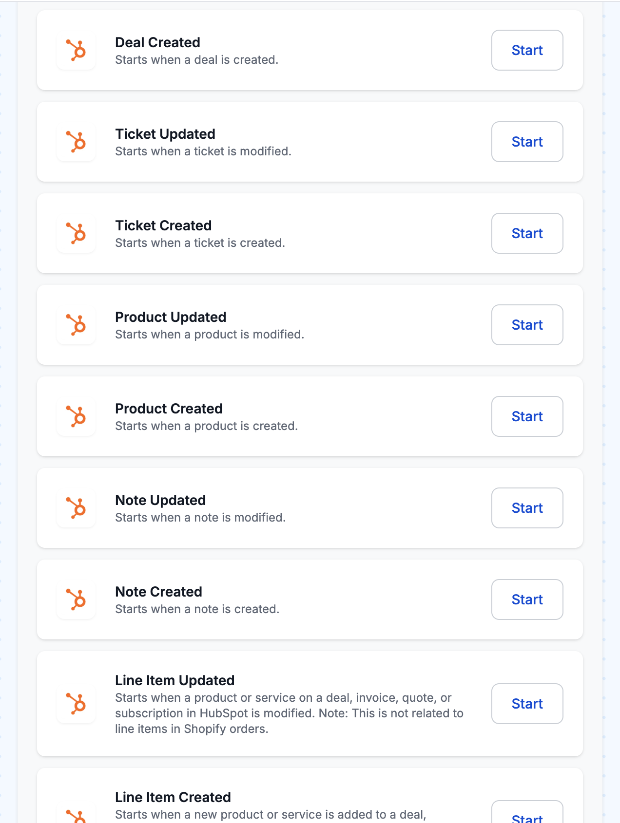 MESA's list of HubSpot triggers including Deal, Ticket, Product, Note, and Line Item created and updated events