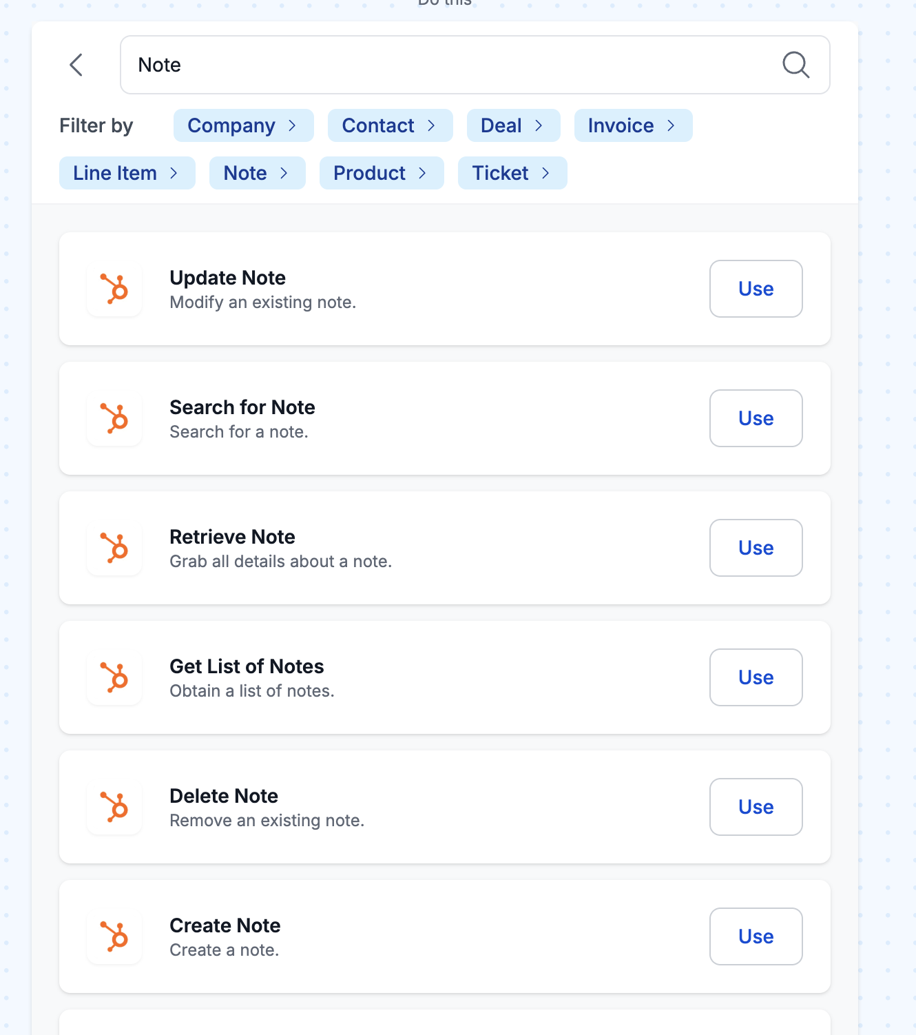 MESA's HubSpot Note actions — Update, Search, Retrieve, Get List, Delete, and Create — with filters for Company, Contact, Deal, Invoice, Line Item, Note, Product, and Ticket
