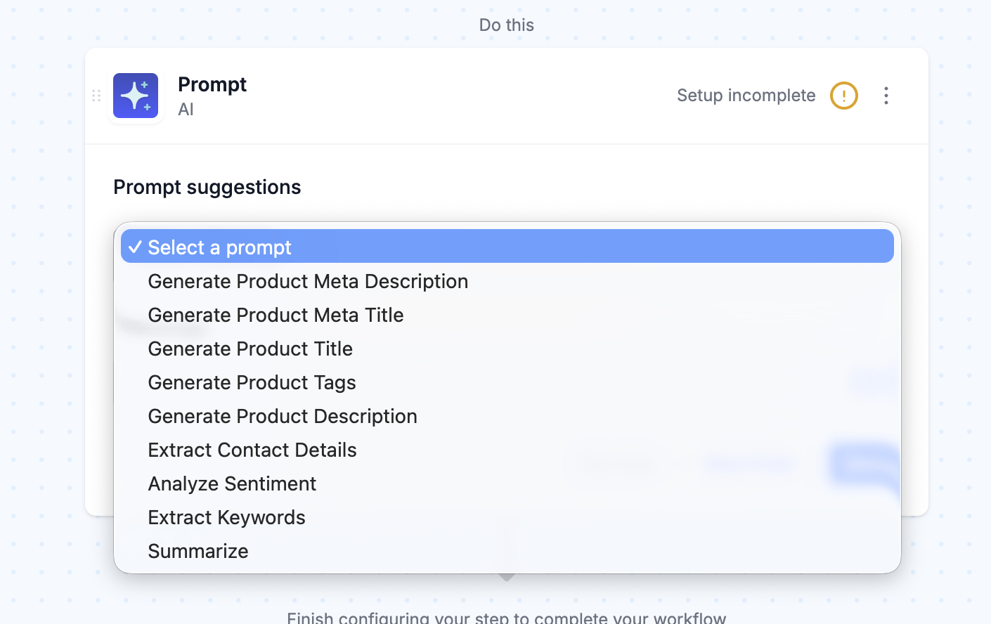 The MESA AI Prompt step with a Prompt suggestions dropdown listing options like Generate Product Description and Summarize