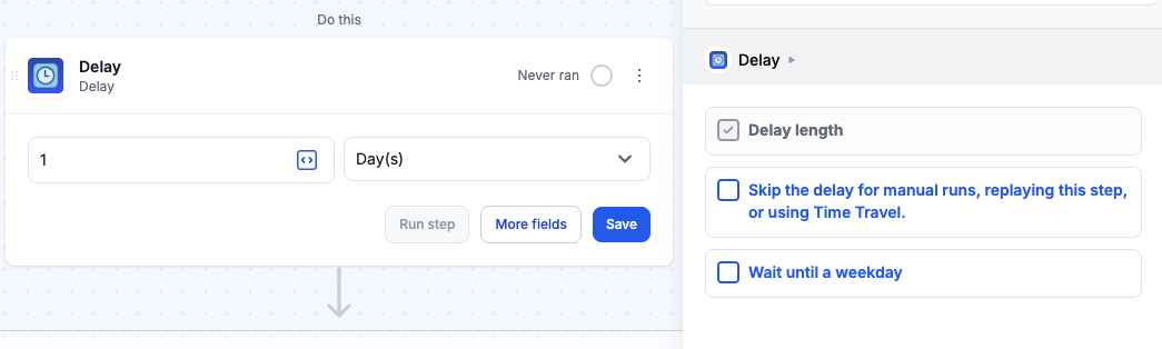 MESA Delay step settings showing the new Wait until a weekday checkbox alongside the option to skip the delay on manual runs