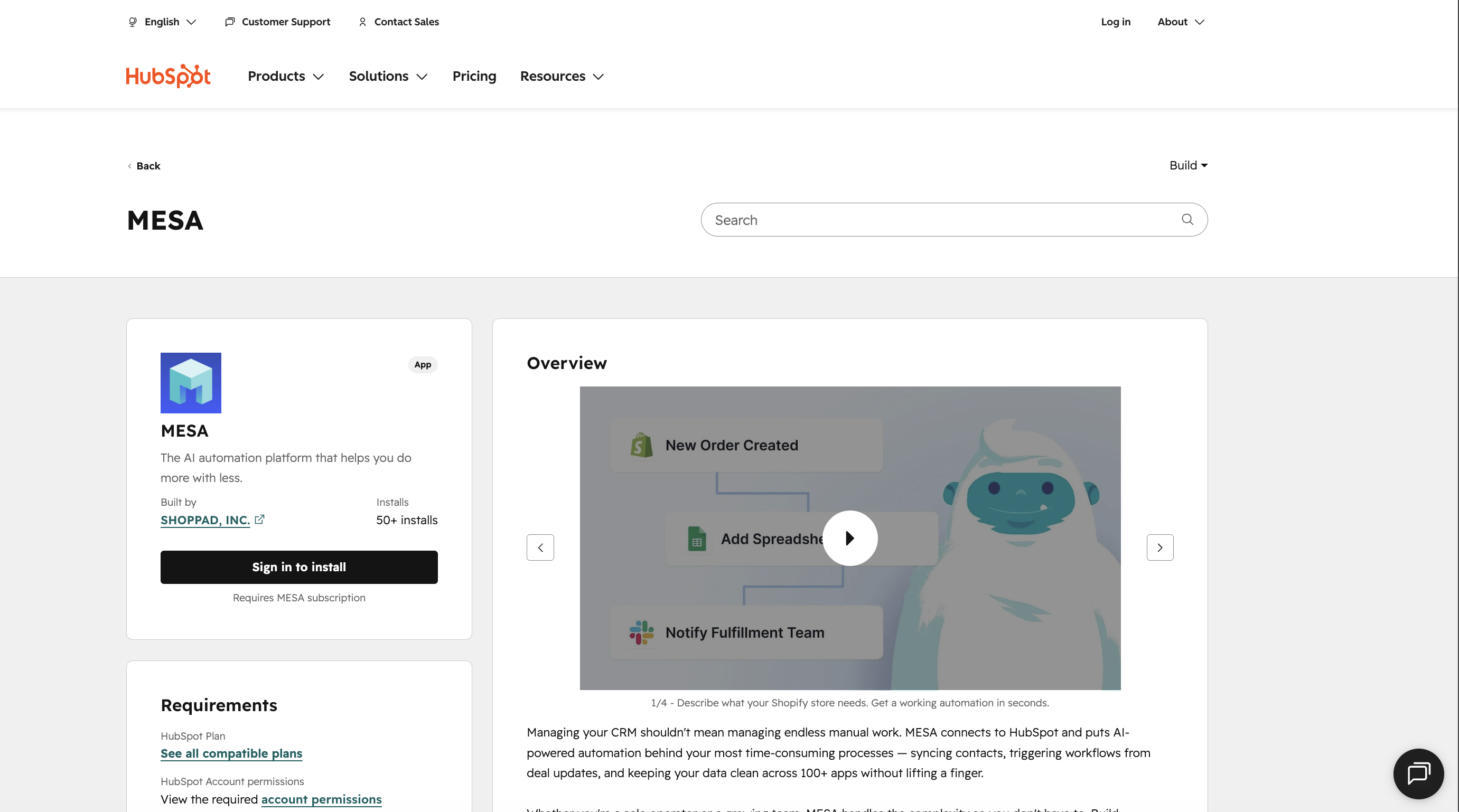 MESA's app listing on the HubSpot Marketplace