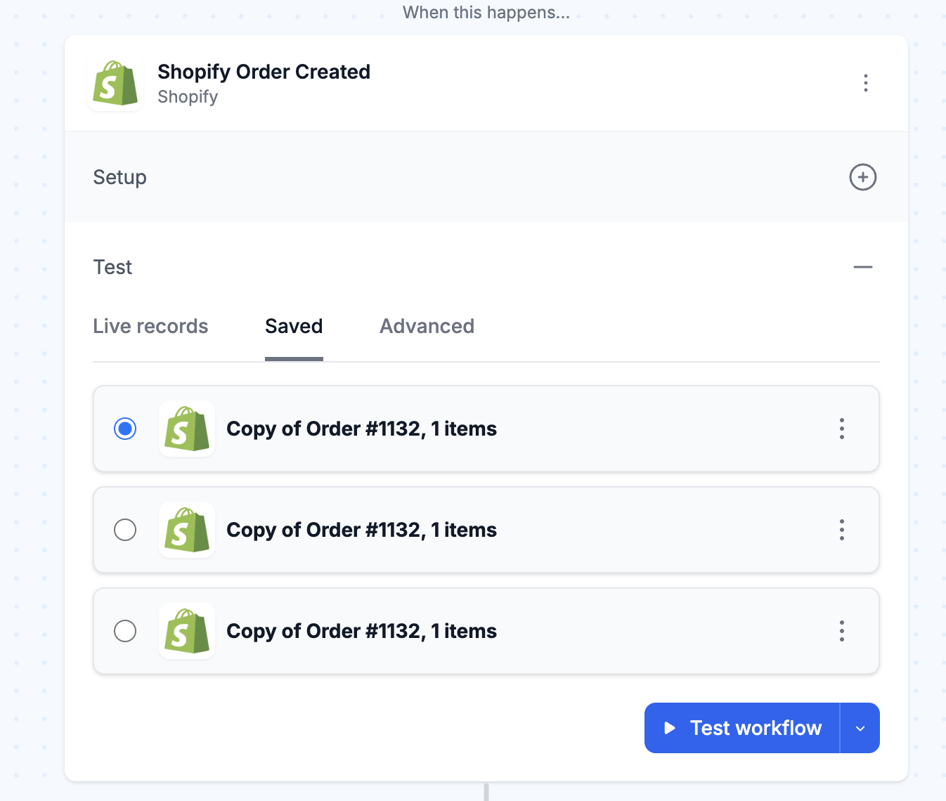 MESA workflow builder Test panel showing saved test records and the Test workflow button