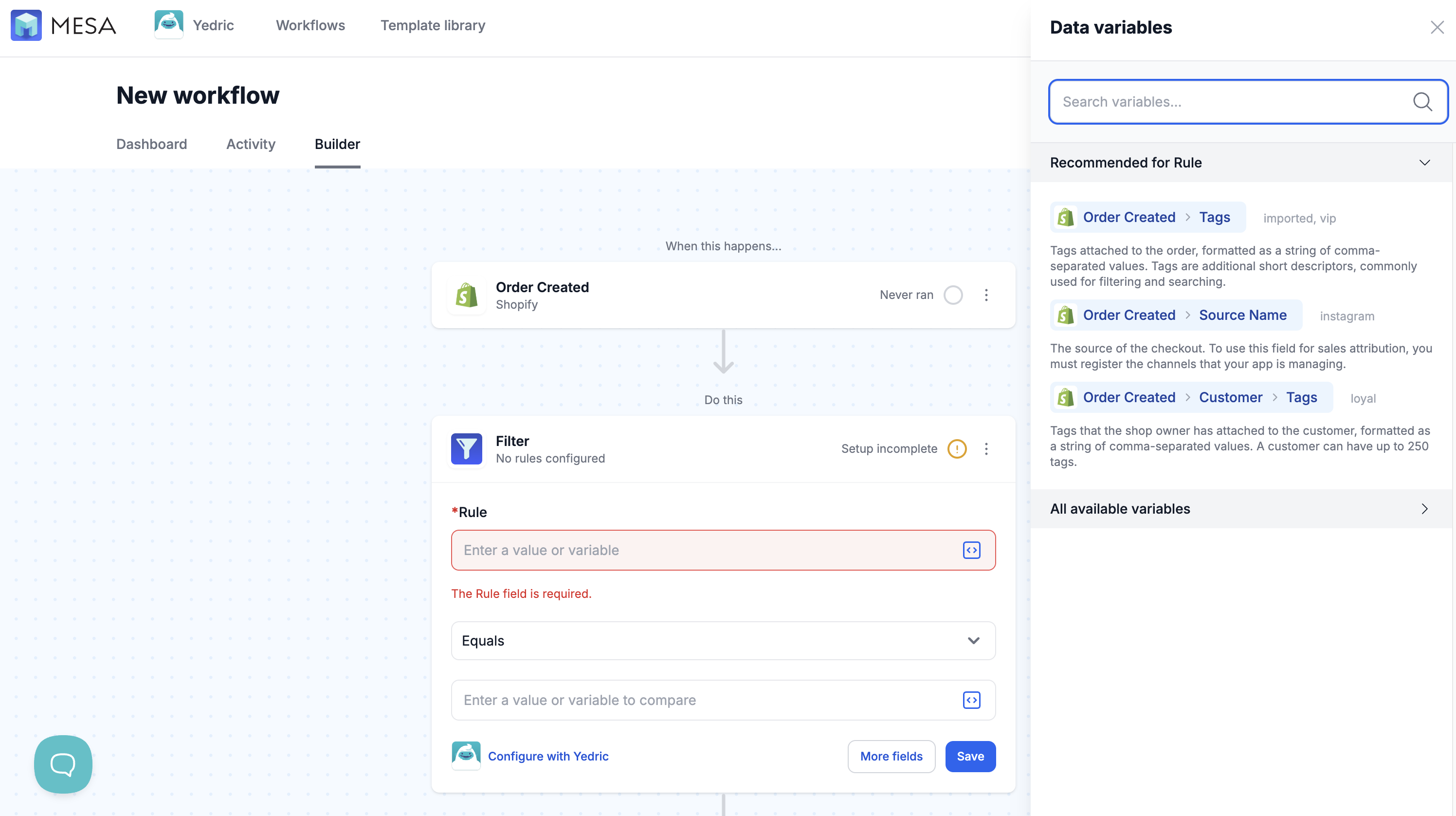 The MESA Data variables sidebar open beside a Filter step, showing recommended variables with descriptions and example values
