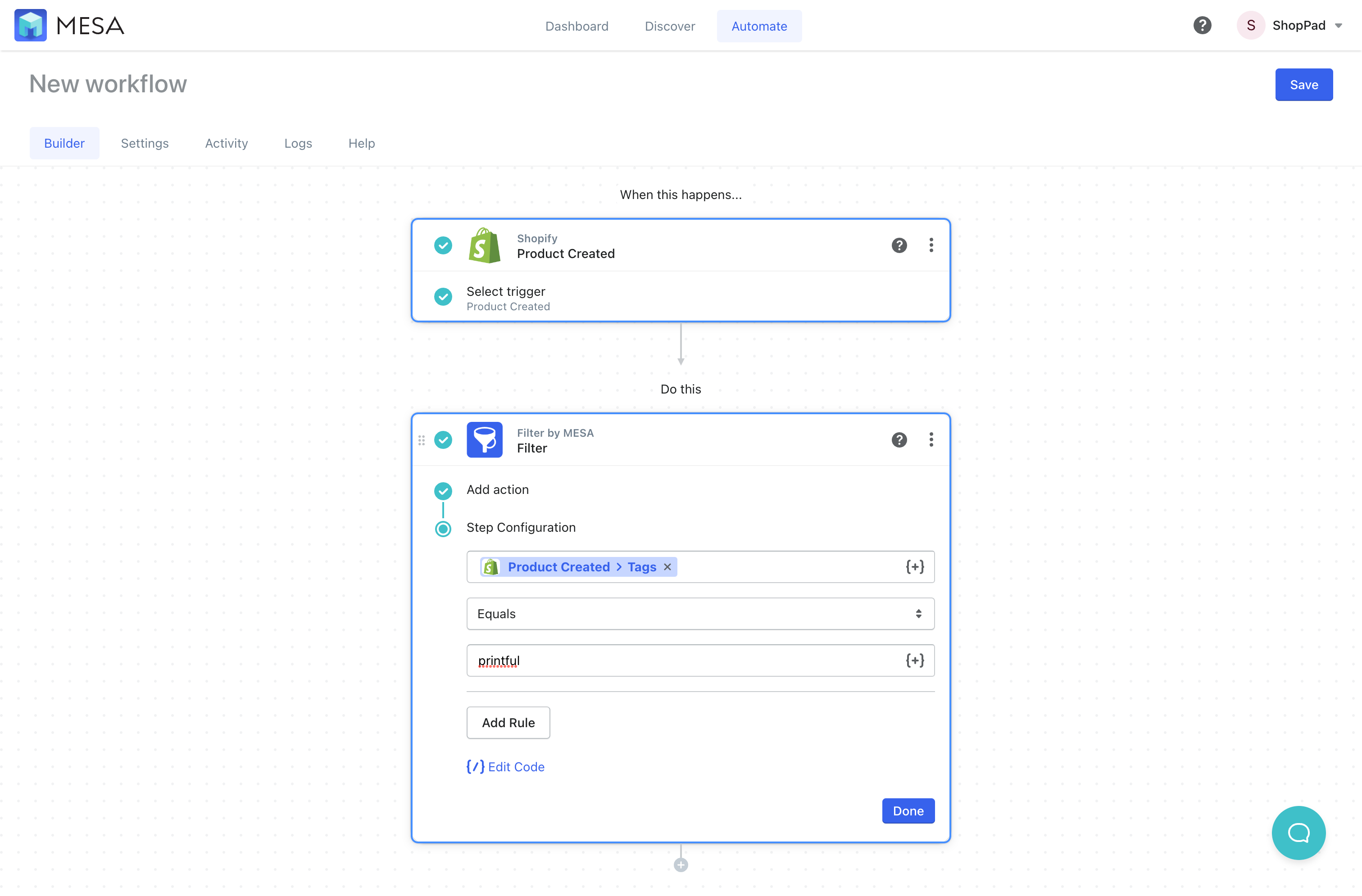 workflow filter product tags