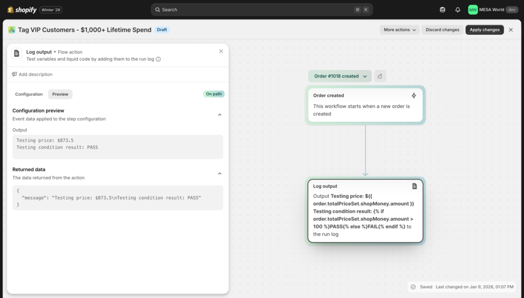 Screenshot showing Log output action results in Flow's run history