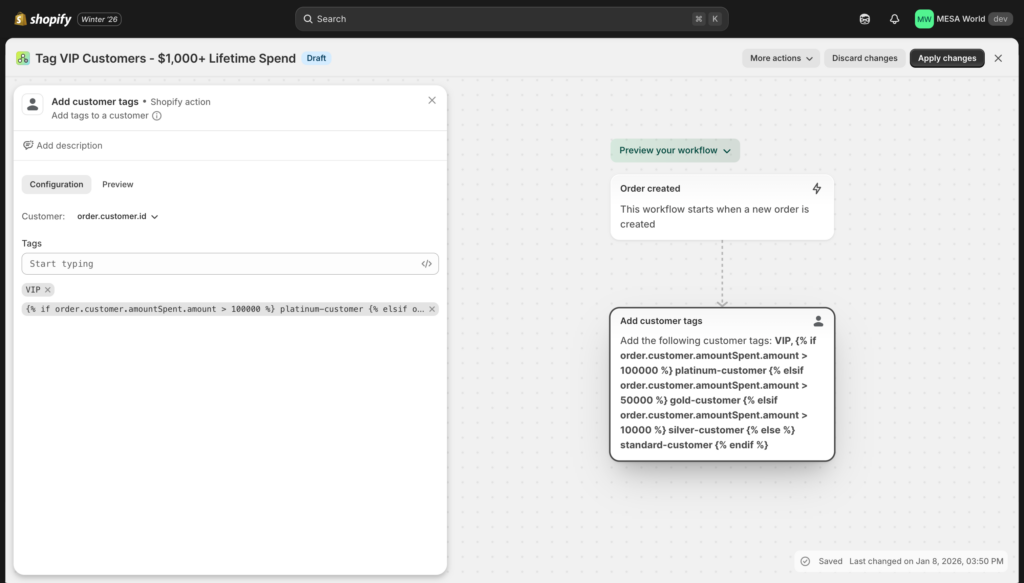Flow: tag customer by lifetime spend tiers