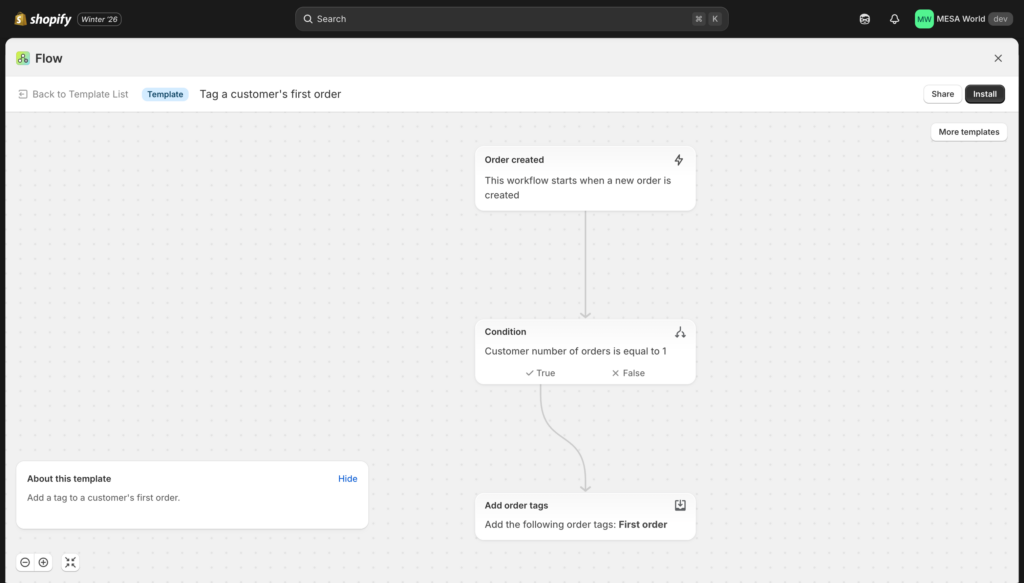 screenshot of shopify flow template: tag customer's first order