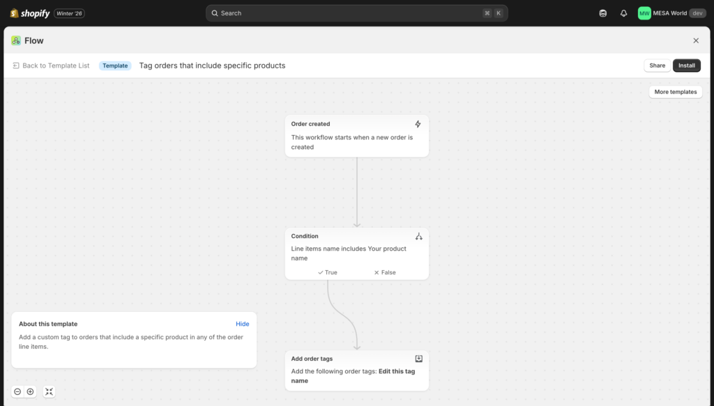 screenshot of shopify flow template: tag orders with specific products